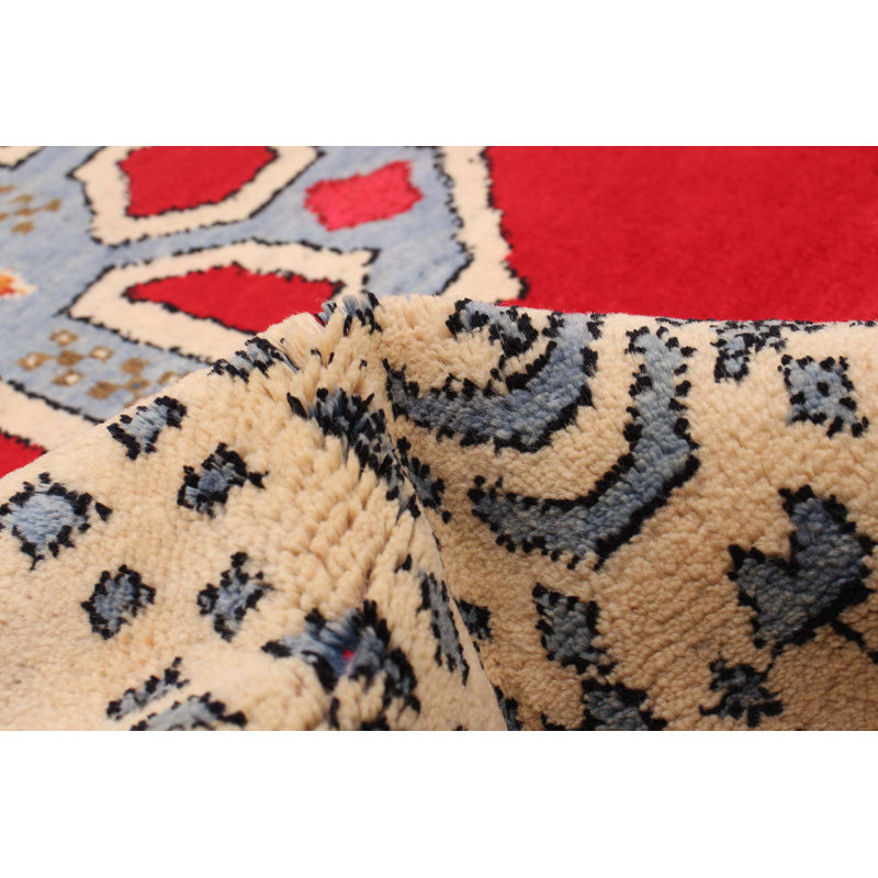 Tapis rouge en laine noué à la main de conception unique 3 pi 8 po x 5 pi 11 po New Age