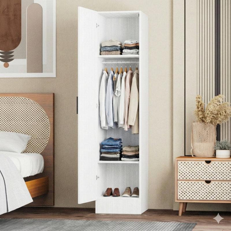 Grande armoire peu encombrante avec tablettes et tringle, Blanc