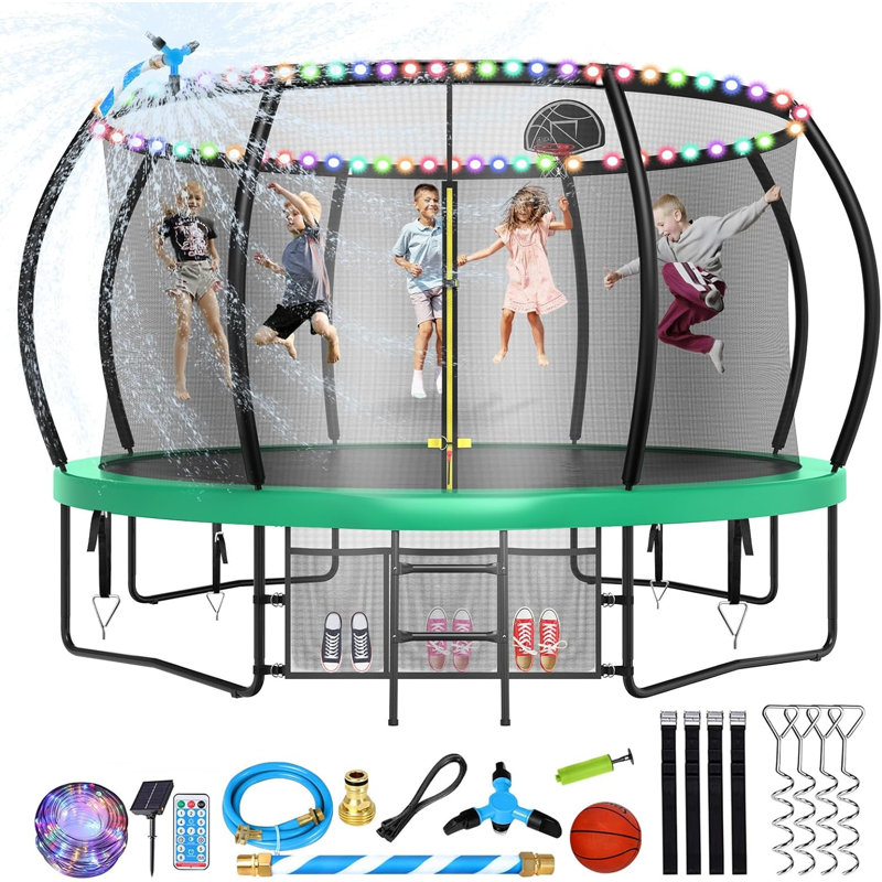 Trampoline de jardin rond avec enceinte sécuritaire Sapphome, Vert
