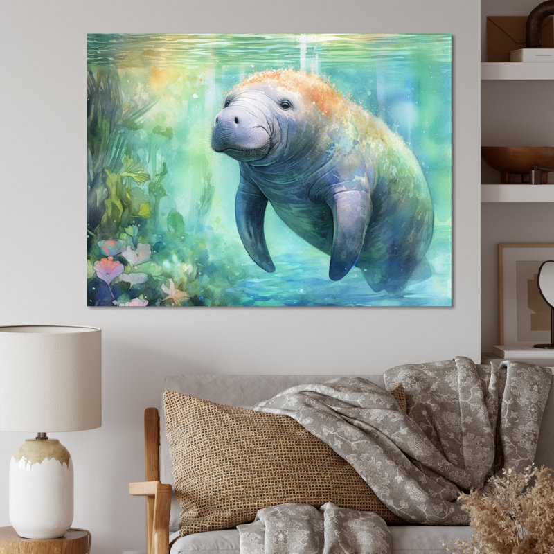 Gentle Manatee II - Art mural de lamantin pour le salon, H 12 po x l 20 po x P 1 po, Toile tendue
