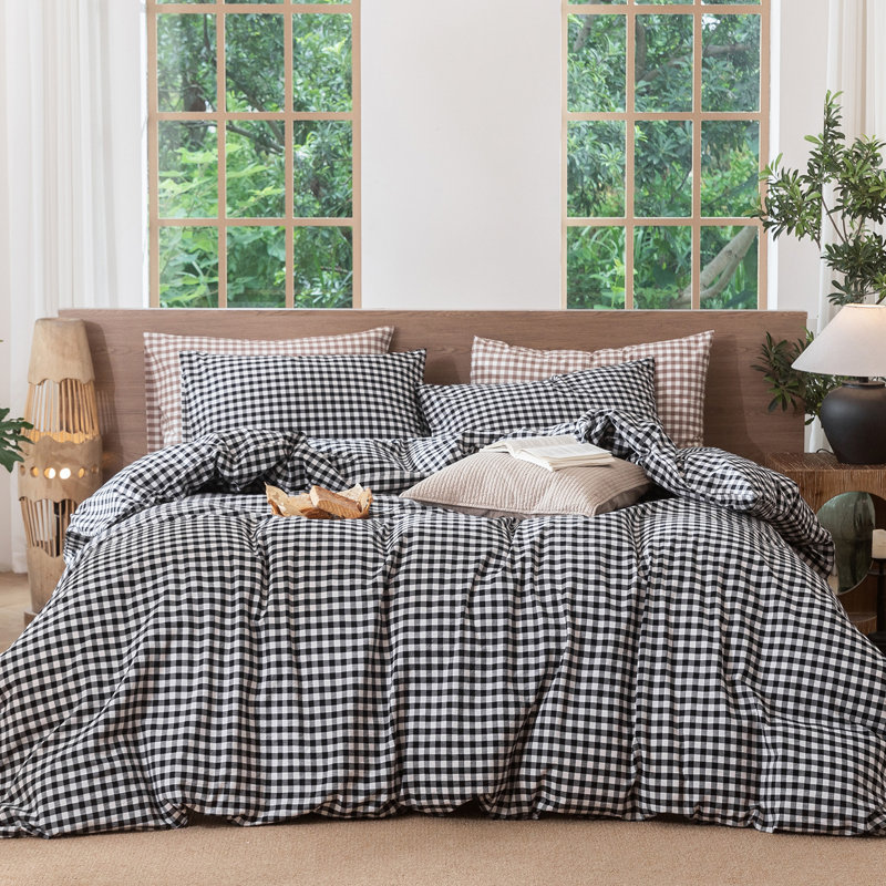 MooMee Gingham Duvet Cover Set with Zipper Closure 8 Ties 100% Washed Cotton Linen Like Breathable Lightweight, Black/White