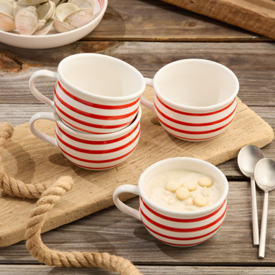 Dockside Red Jumbo Chowder Bowls - Set of 4, 22 oz, Perfect for Soups, Stews, and Casual Dining - Durable Stoneware with Coastal Charm. Great for serving chowders, bisques, or noodle soups.