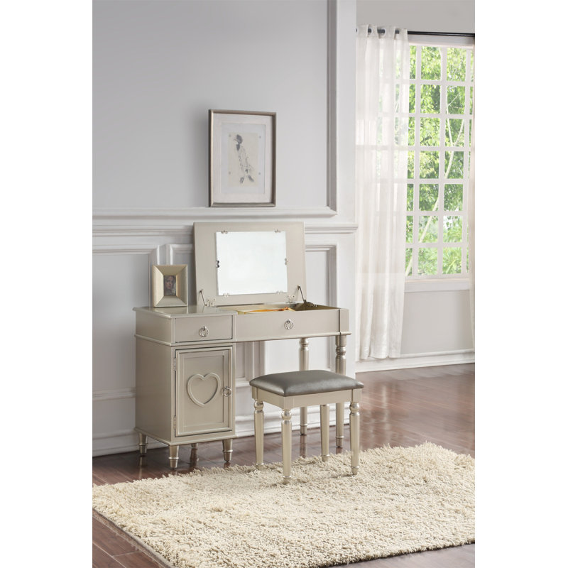 Ensemble de meuble-lavabo de chambre à coucher avec tabouret et tiroirs ouverts, Argent