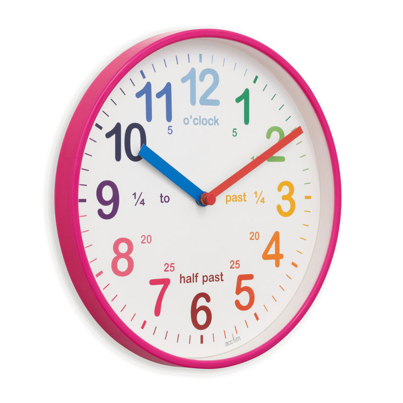 Acctim Wickford Kids Teaching Wall Clock Quartz Rainbow Dial Quarter Markers 20cm, Pink