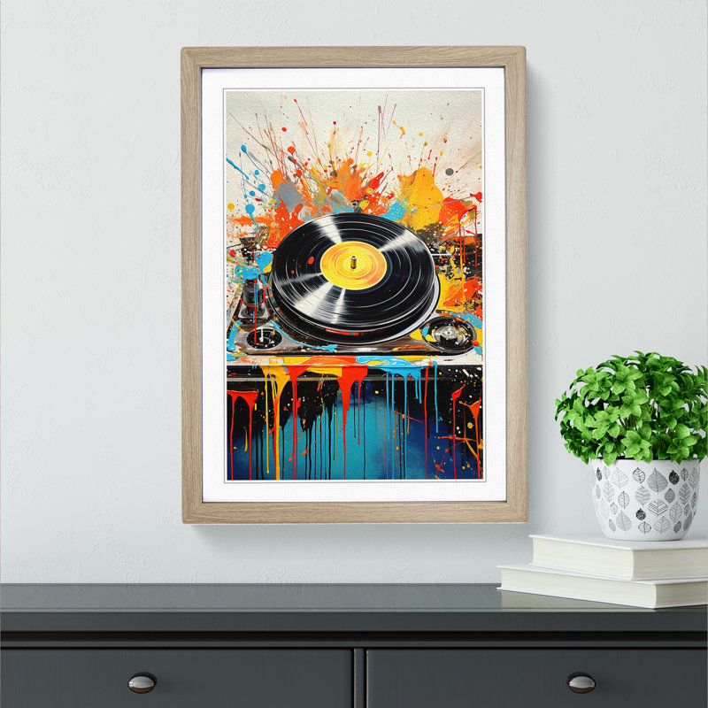 XYZ-FRM-V1223-5423 Record Player Action Painting - Single Picture Frame Print on Wood, Oak, 34cm H x 25cm W x 2cm D