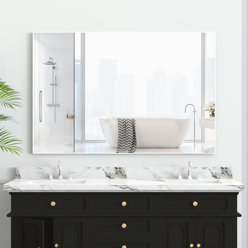 Miroir mural surdimensionné de 48 po x 32 po avec cadre en aluminium blanc, imperméable, facile à installer pour la chambre à coucher, la salle de bain, le salon et pouvant être installé de différentes façons