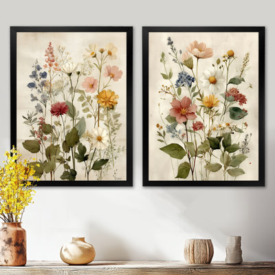 Vintage Farmhouse Bouquet Of Wildflowers - Wildflowers Canvas Art, Green Floral 2 Piece Wall Art