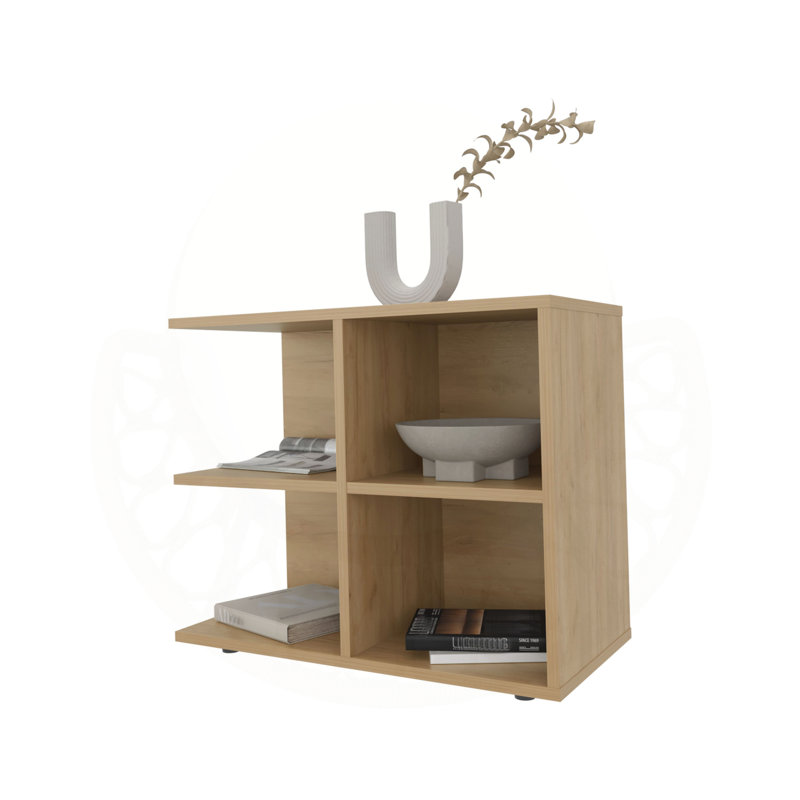 Table d'appoint en chêne naturel avec rangement ouvert et 4 tablettes, parfaite pour organiser et présenter vos articles essentiels