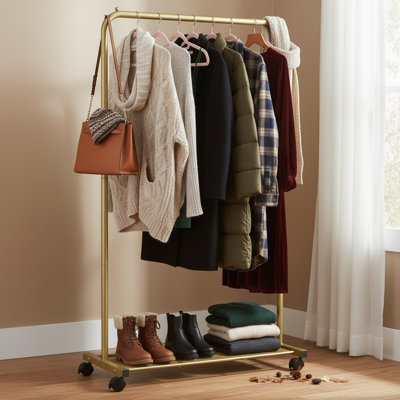 Metal Clothing Rack with Wheels, Dense Mesh Storage Shelf, 110 lb Capacity & 2 Brakes