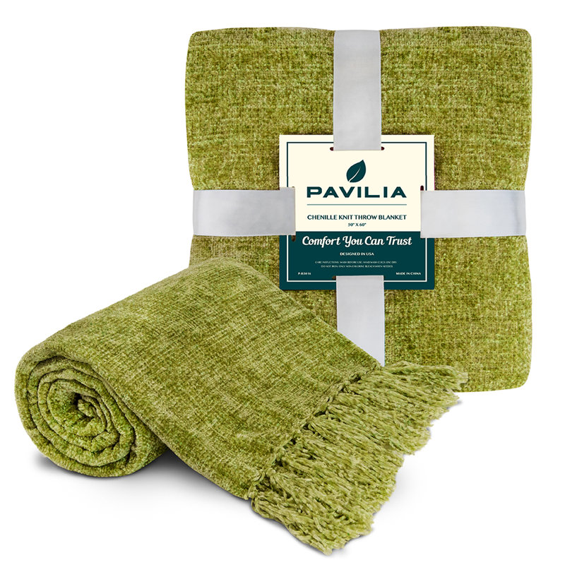 Olive Green Chenille Knit Throw Blanket with Tassel Fringe