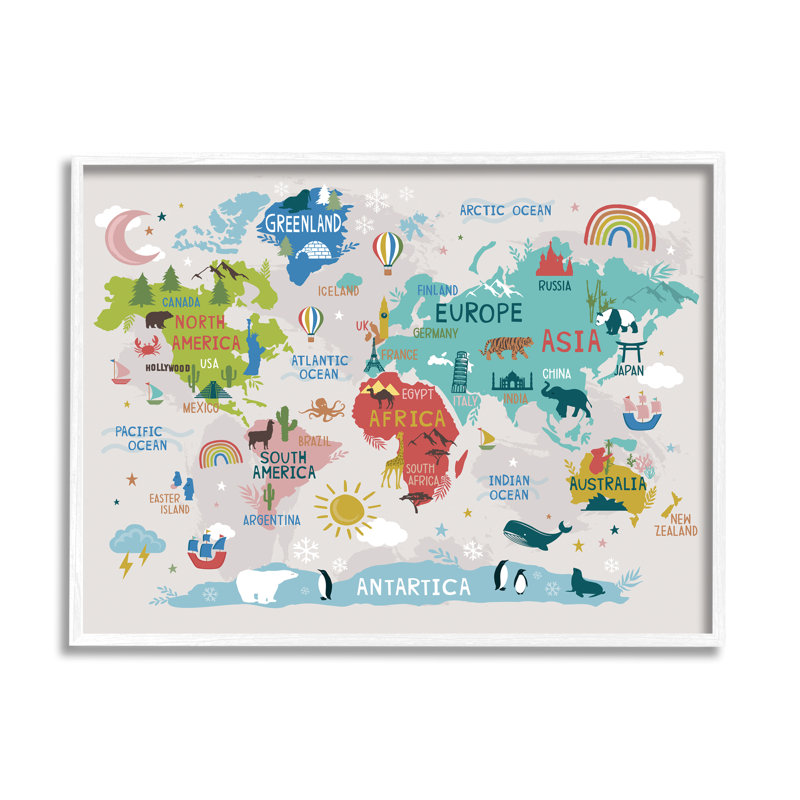 Illustration de points de repère et de vie sauvage, carte du monde, graphique, estampe numérique encadrée, art texturé par Lisa Perry White