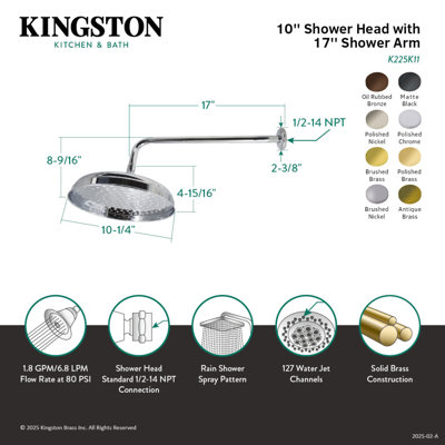 Pomme de douche à jet de pluie ronde de 10 po avec bras de douche de 17 po Kingston