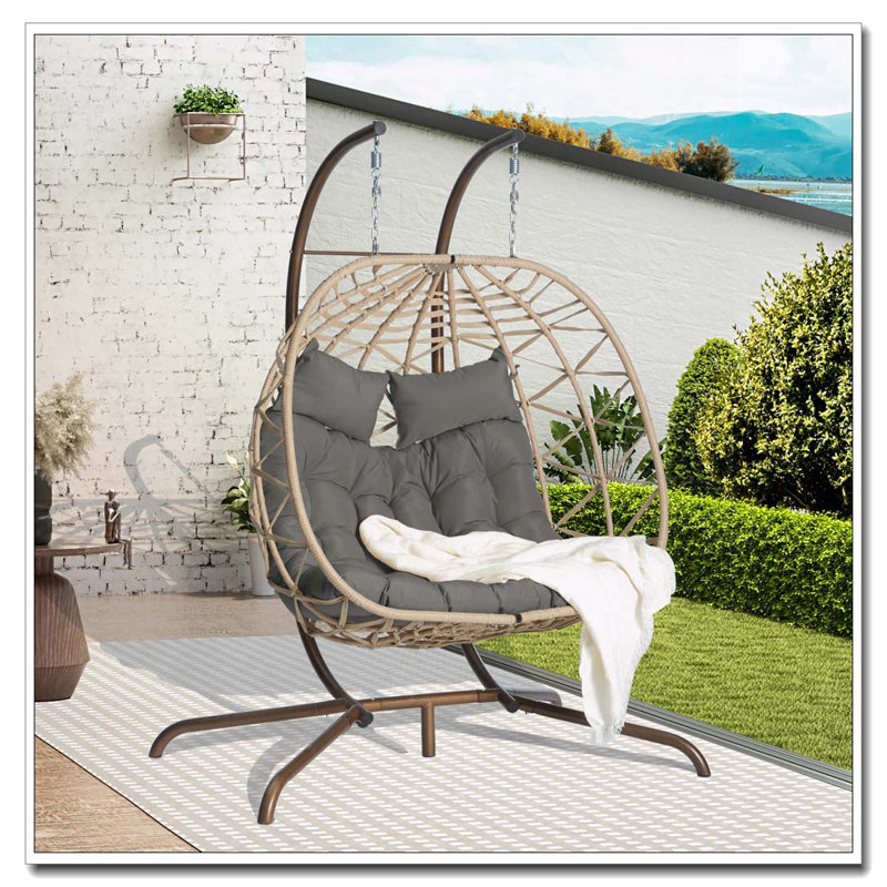 Double Hanging Egg Chair with Stand and UV-Resistant Cushions, Dark Gray, Natural, Dark Gray