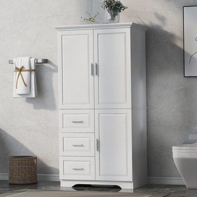 Tall And Wide Storage Cabinet With Doors And Three Drawers, Ideal For Bathroom Or Office Organization And Storage