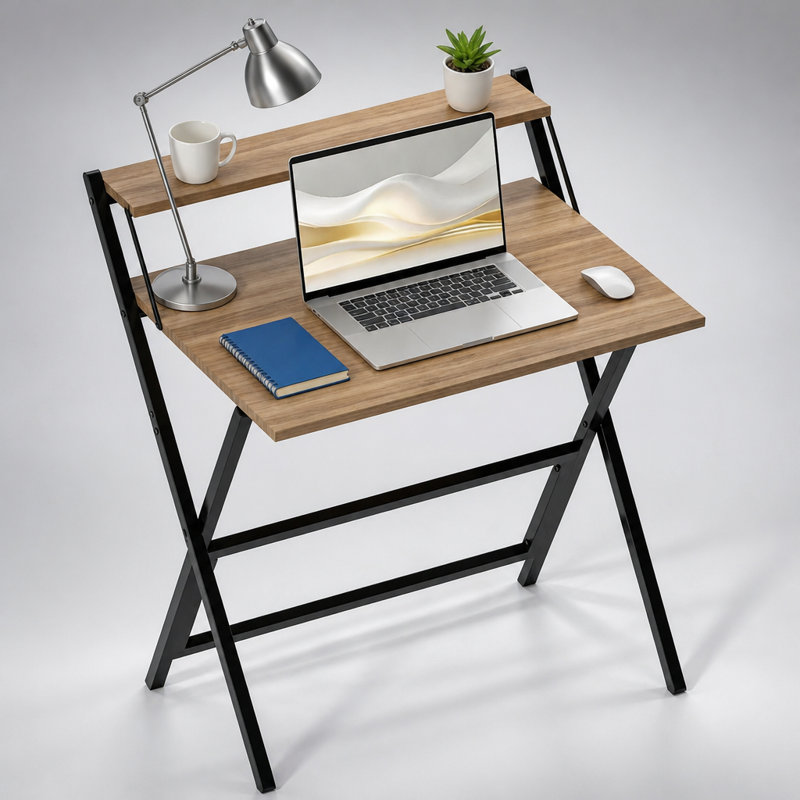 Bureau d'ordinateur compact et pliable avec tablette pour écran, idéal pour les petits espaces et les bureaux à domicile, finition noyer