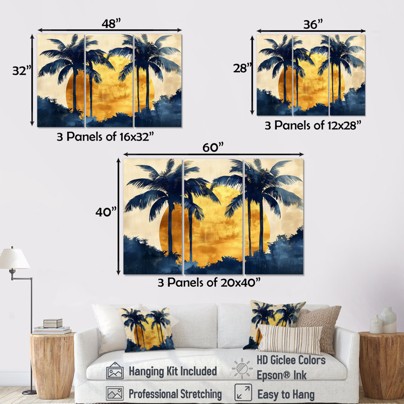 «Blue and Gold Palm Trees Scenery I», ensemble d'art mural palmiers, H 28 po x l 36 po x P 1 po, Toile tendue
