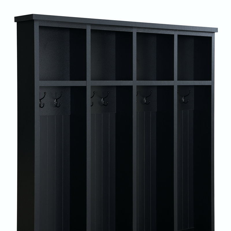 Farmhouse Wide Hall Tree With Bench, 8 Hooks And Storage Compartments For Entryway, Black