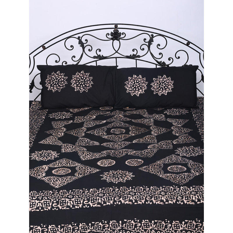 Exotic India Pure Cotton Bedspread Queen Size Batik Printed with Pillowcases from Tamil Nadu, Black Floral
