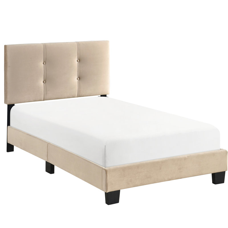 Lit simple avec revêtement en velours et traverses de chambre en bois massif brun, Marron clair