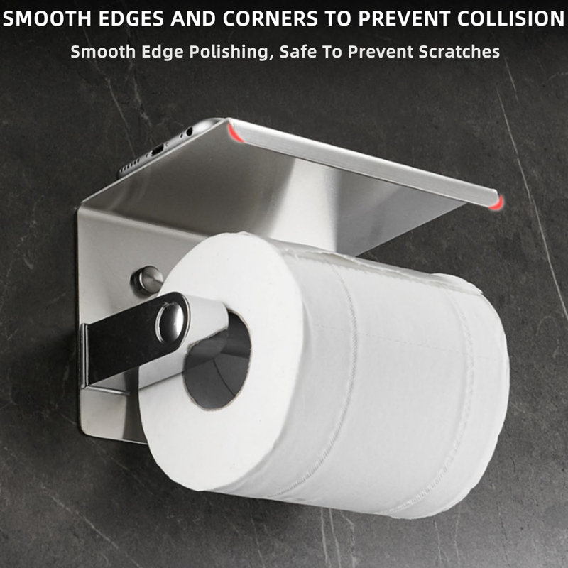 Wall Mounted Toilet Paper Holder With Phone Shelf - Stainless Steel Bathroom Tissue Dispenser, Space Saving Design For Small Bathrooms, Multi Functional Storage For Phone & Essentials