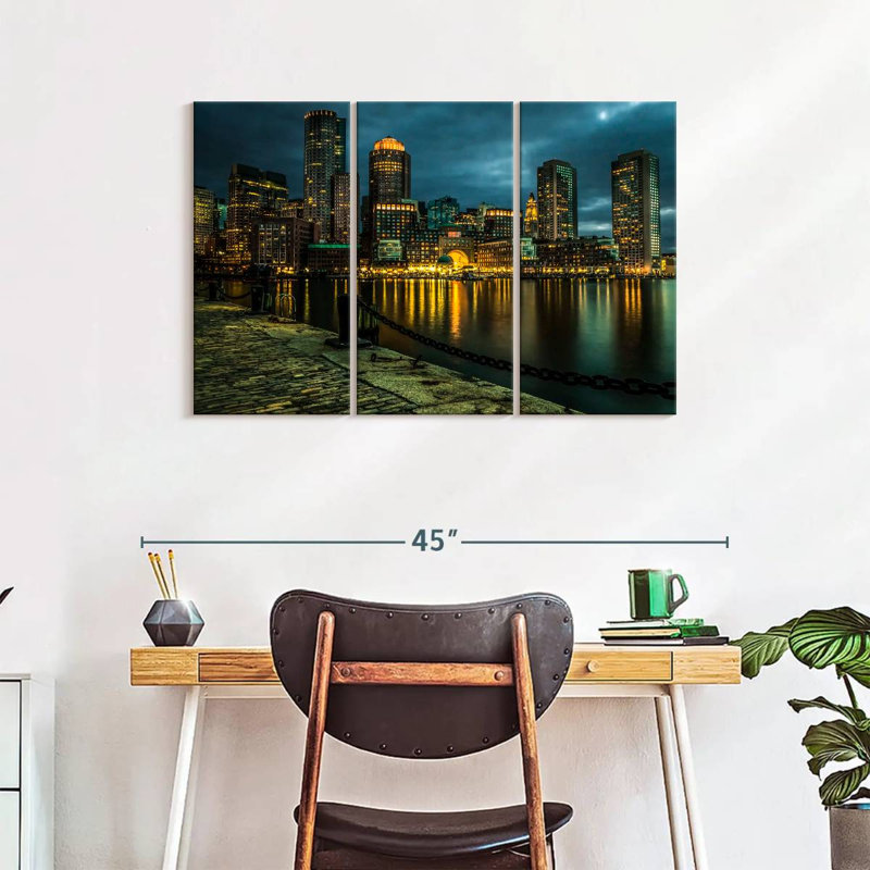 «Boston Skyline At Night», reproduction d'art sur toile, H 38 po x l 24 po x P 1,25 po