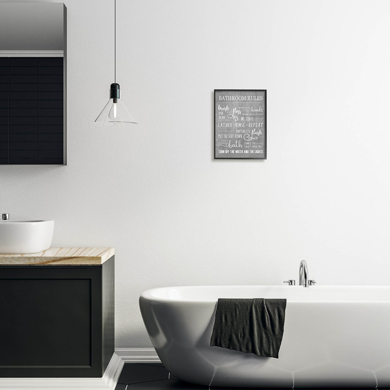 " Bathroom Rules List Sign " by Conrad Knutsen, 14" H x 11" W x 1.5" D, Midnight Black Framed Giclee
