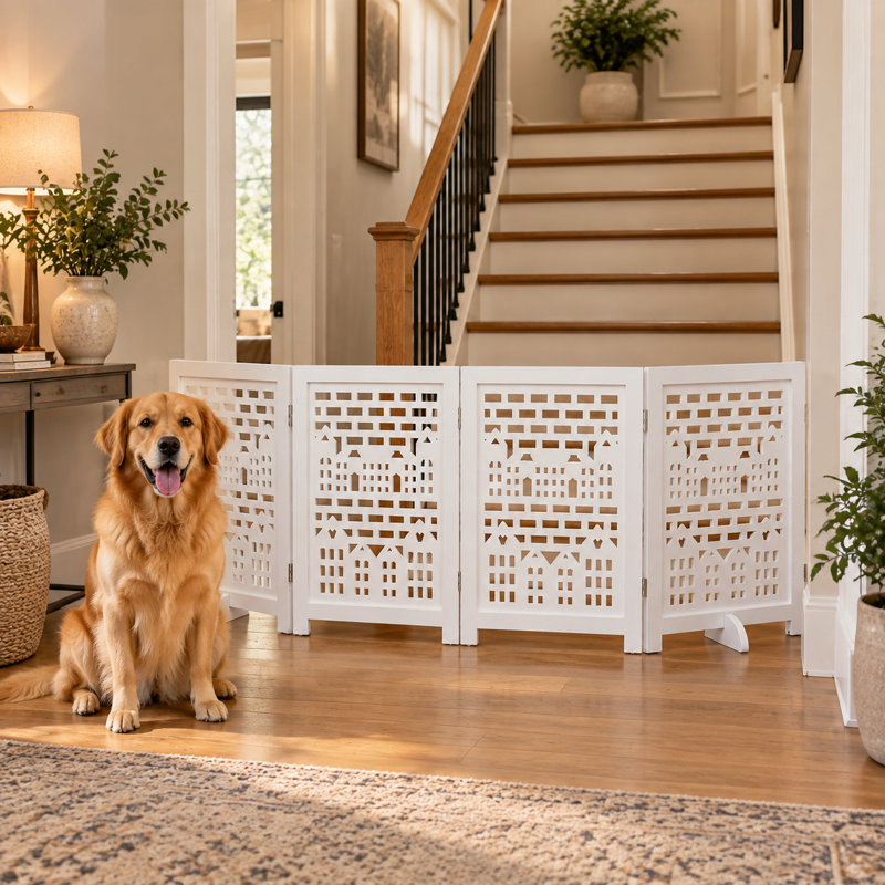 Barrière pliante pour chien en bois à 4 panneaux avec motif de maison, Blanc