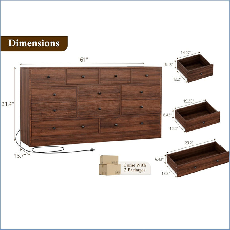 61 Inch Drawer Dresser for Bedroom,12 Drawer Dressers & Chests of Drawers, Wood Storage Drawer Dresser with Power Outlet