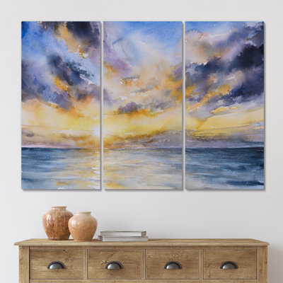 " Yellow Sunset Over Blue Lake " 3 - Pieces Painting Print