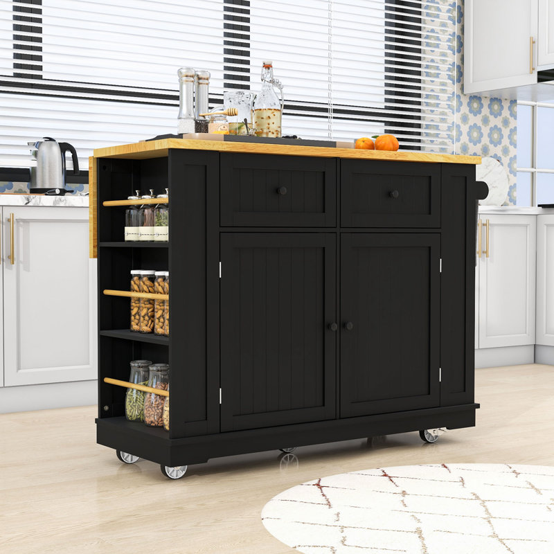 Chariot pour îlot de cuisine roulant avec abattant, prise de courant, 2 tiroirs, tablettes réglables et support à épices