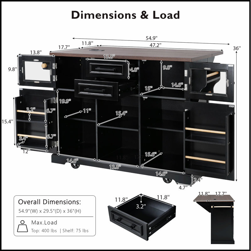 54.9 Inch Kitchen Island with Drop Leaf, Power Outlets, and Storage, for Modern and Rustic Kitchens, Black