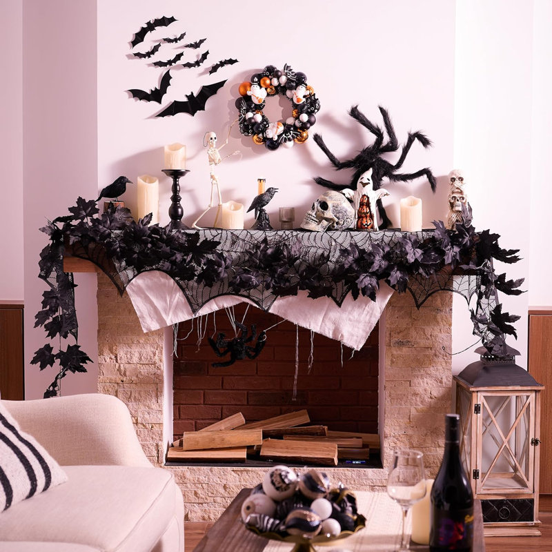  Guirlande de 9 pi avec lumières, guirlande de feuilles d'érable noire illuminée et décorative d'Halloween pour foyer