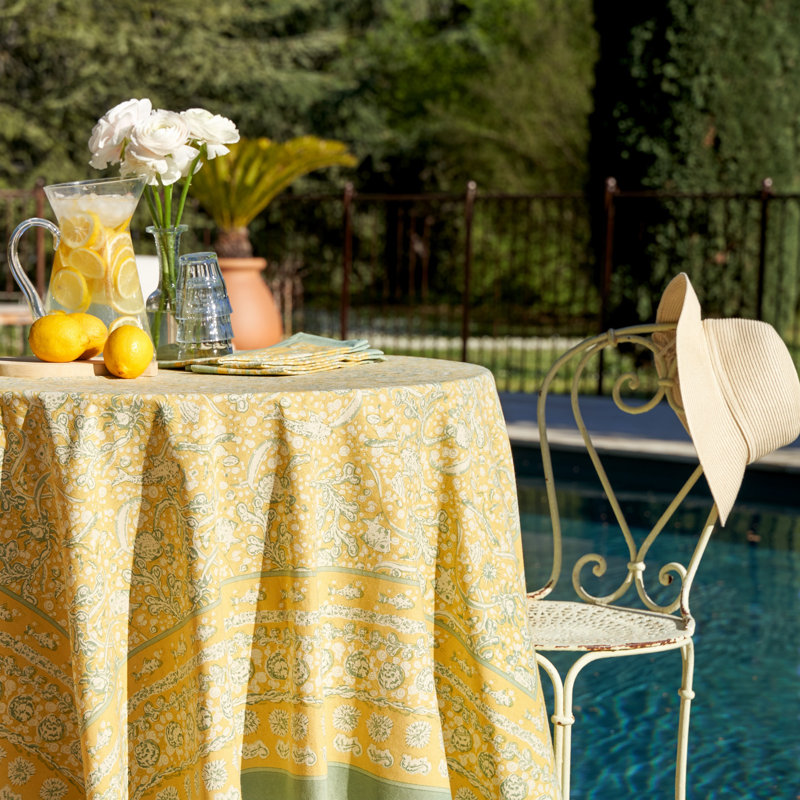 La Mer Handmade Floral Tablecloth, 90" Square, Yellow/Teal