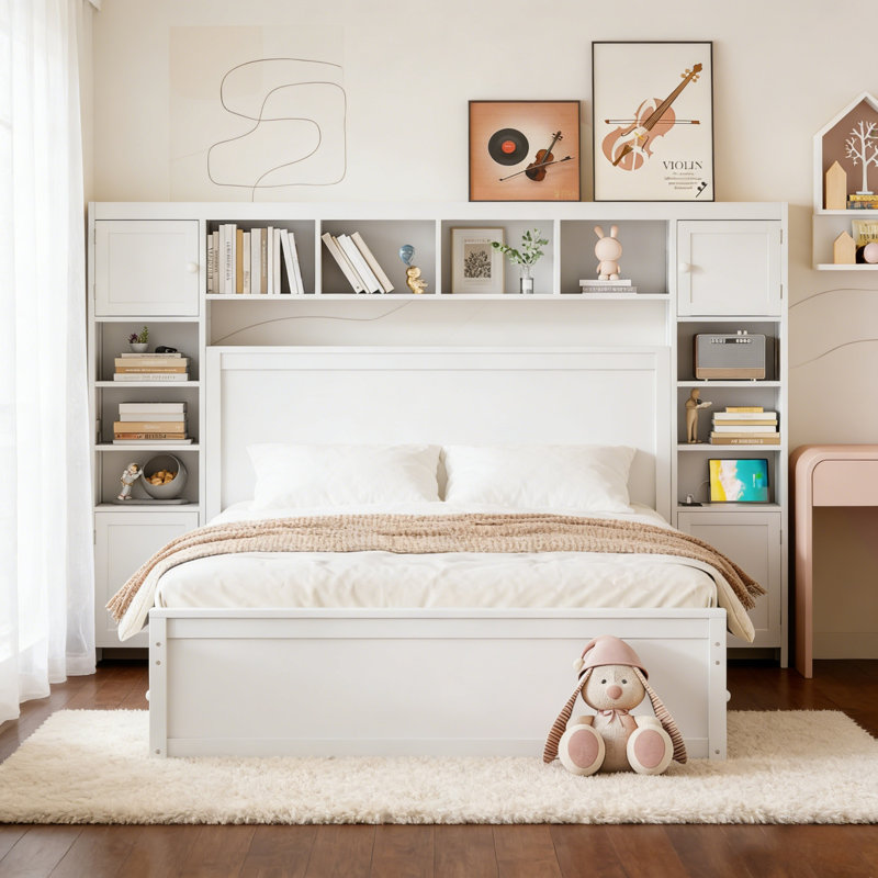 Grand lit en bois blanc - Conception tout-en-un avec armoire, tablette et prises intégrées, peu encombrant