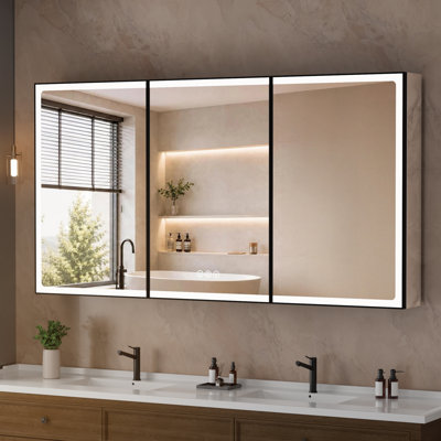 Armoire à pharmacie 60 po x l 32 po avec miroir, armoire de salle de bain encastrée ou à fixation en surface avec lumières DEL, cadre en aluminium, anti-buée, tablette réglable en verre trempé, lumière à intensité variable, prises et USB, noir