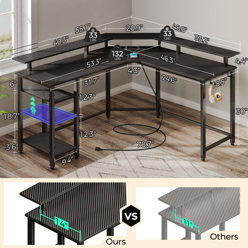 Lameen L Shaped Computer Desk with Power Outlets & RGB Lights, Corner Desk with Monitor Shelf, Carbon Black
