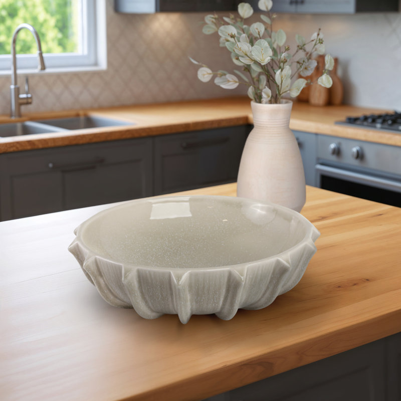 Bol rond rond avec rebord festonné - Décoration intérieure moderne pour table d'entrée, style tablette ou salon - 16 po, taupe