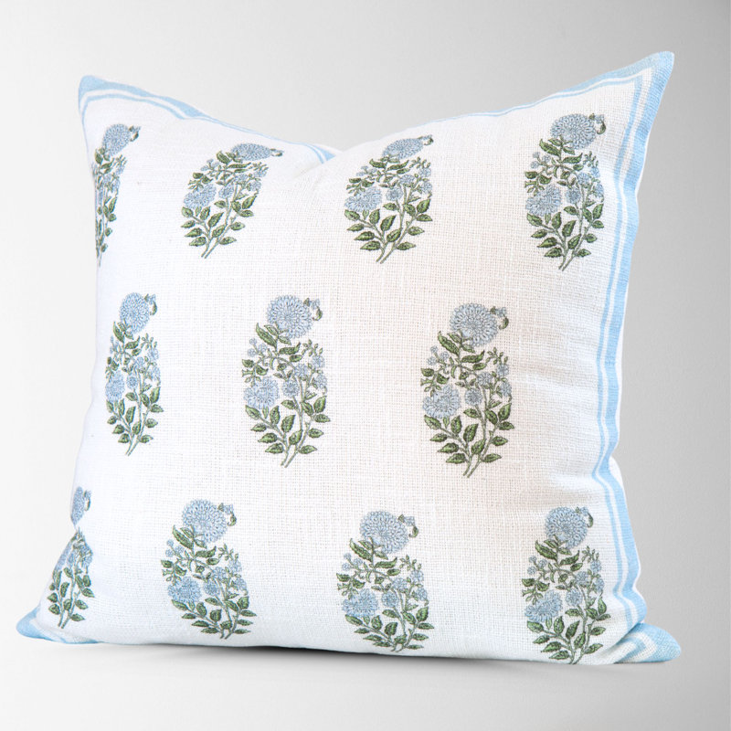  Cotton Throw Pillow Cover, Square, Sky Blue Floral, 22"H x 22"W