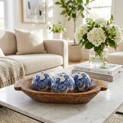 Ensemble d'objets décoratifs ronds en céramique de style chinoiserie pour le salon - Présentoir de décorations modernes pour tablettes - ensemble de 3, 5 po, bleu et blanc