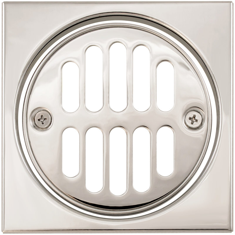 4-1/4" Brass Shower Tile Square with 3-1/2" OD Round Drain Cover, Polished Nickel
