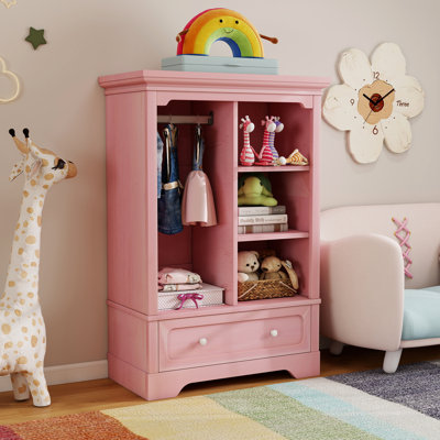 Open Wooden Kids Wardrobe With Hanging Rod,Storage Shelves And A Large Drawer