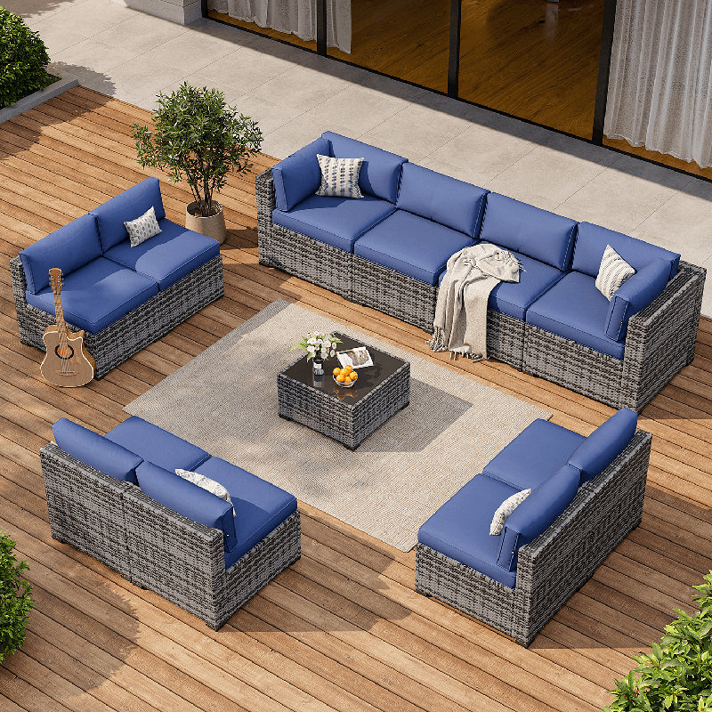 Ensemble de conversation modulaire en rotin avec coussins 11 pièces , Bleu, Gris