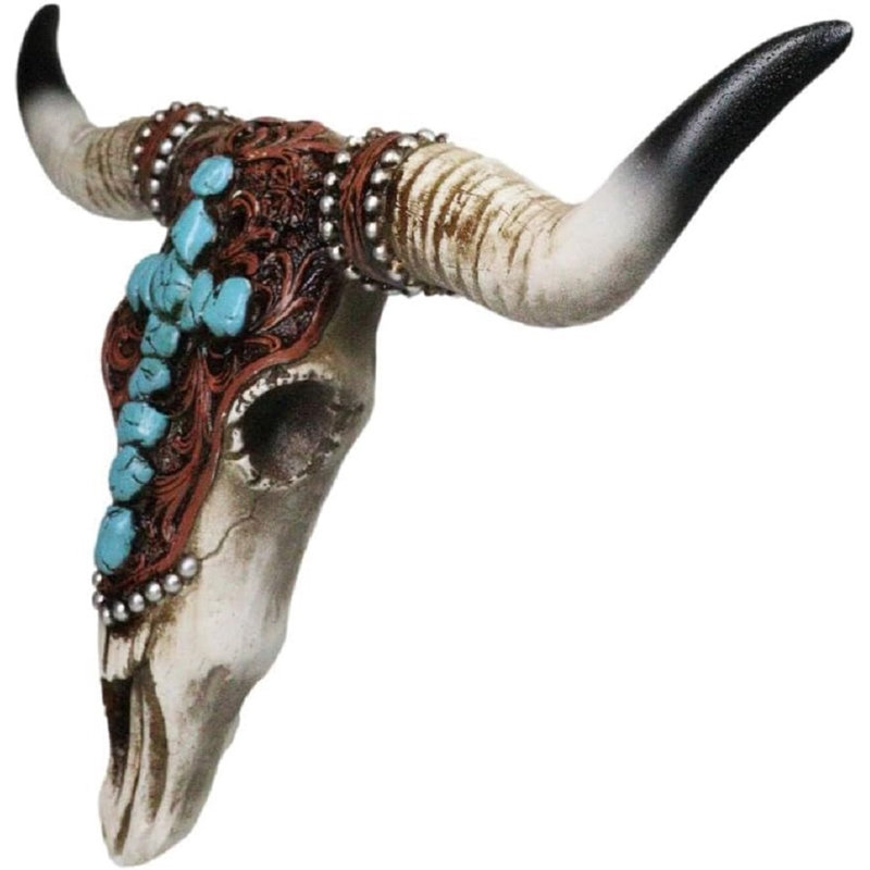 Southwest Steer Cow Skull With Turquoise Cross Tooled Leather Motif Wall Décor