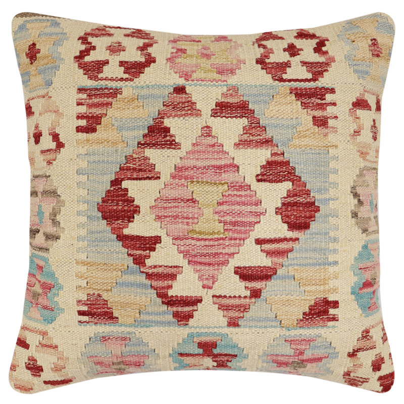 Oreiller rustique en kilim tissé à la main Caballer - 17 po x 18 po Rustic, H 17 po x l 18 po, Beige / rouge / bleu turc 3