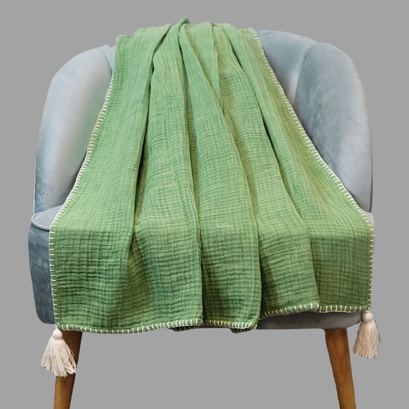 Lush Green Cotton Muslin Throw Blanket with Tassels