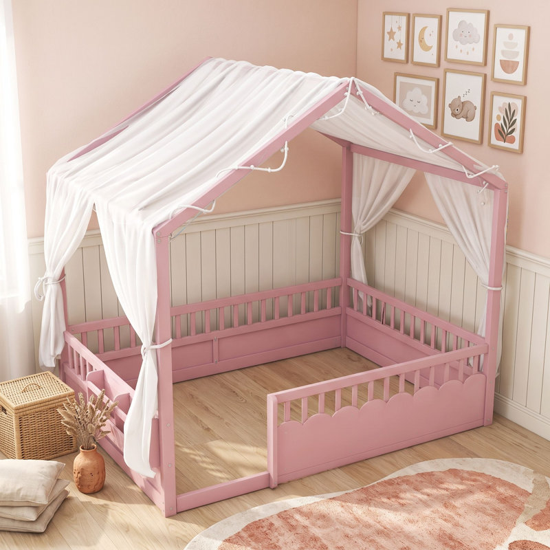 Lit de cabane en bois avec guirlande lumineuse, tablette et barrières de sécurité, Pink