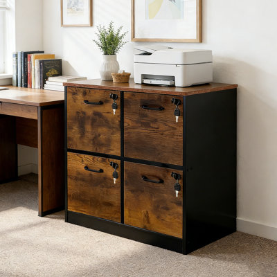 Classeur à 4 tiroirs avec serrure, classeur en bois verrouillable pour bureau à domicile, classeur verrouillable pour dossiers de format lettre / A4, brun rustique et noir