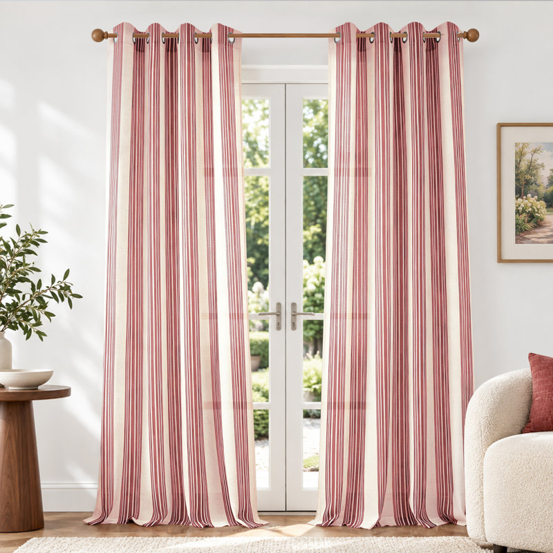 Rideaux semi-transparents en lin avec motif à rayures Chris, Rouge, L 52 po x L 108 po