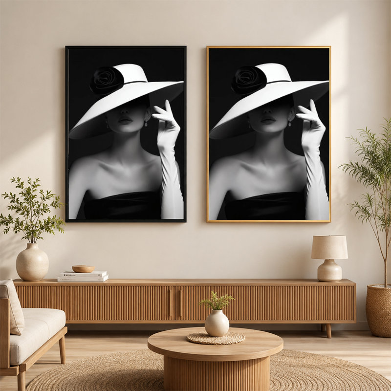Gants de chapeau blanc, robe noire, portrait sur toile, cadre flottant, prêt à être accroché, 12x18in, Black