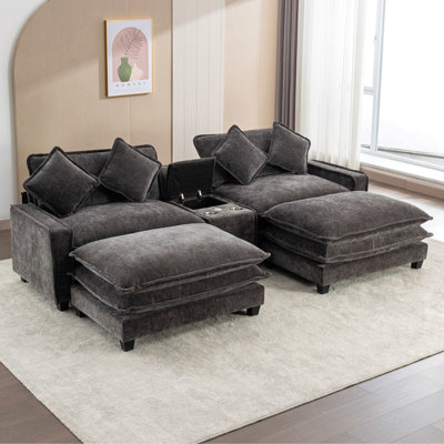 111" Sectional Sofa Chenille Upholstered Sofa With Two Removable Ottoman, Two Usb Ports, Two Cup Holders And Large Storage Box For Living Room